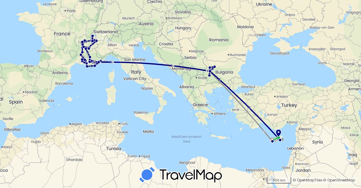TravelMap itinerary: driving, bus, plane, hiking in Bulgaria, Cyprus, France, Monaco (Asia, Europe)